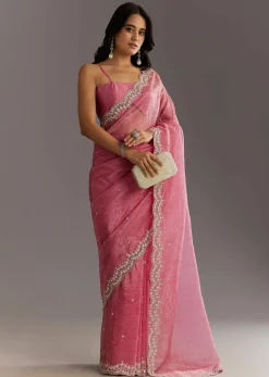 Pink Crushed Tissue Sequin Embroidered Saree With Scallop Border