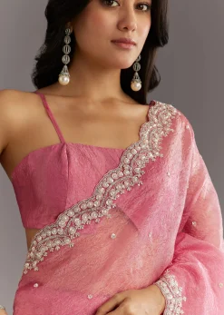Pink Crushed Tissue Sequin Embroidered Saree With Scallop Border