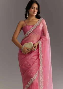 Pink Crushed Tissue Sequin Embroidered Saree With Scallop Border