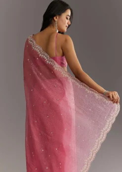 Pink Crushed Tissue Sequin Embroidered Saree With Scallop Border
