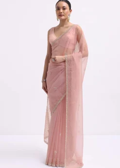Pink Cutdana Embroidered Organza Saree With Unstitched Blouse