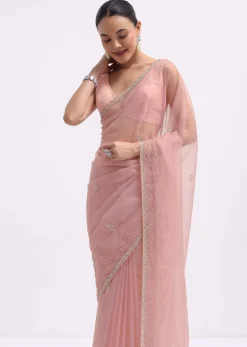 Pink Cutdana Embroidered Organza Saree With Unstitched Blouse