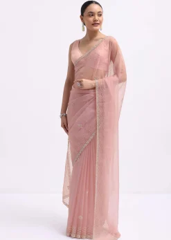 Pink Cutdana Embroidered Organza Saree With Unstitched Blouse