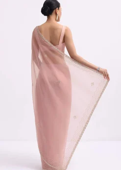 Pink Cutdana Embroidered Organza Saree With Unstitched Blouse