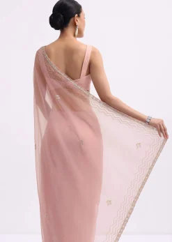 Pink Cutdana Embroidered Organza Saree With Unstitched Blouse