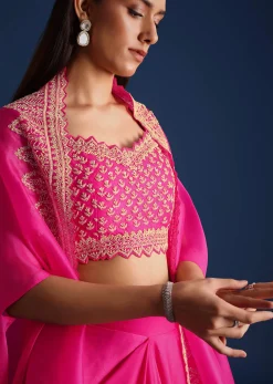 Pink Cutdana Embroidered Crop Top With Jacket And Skirt