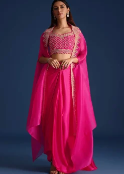 Pink Cutdana Embroidered Crop Top With Jacket And Skirt