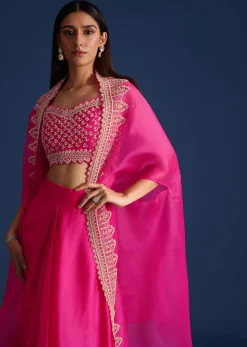 Pink Cutdana Embroidered Crop Top With Jacket And Skirt