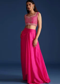Pink Cutdana Embroidered Crop Top With Jacket And Skirt