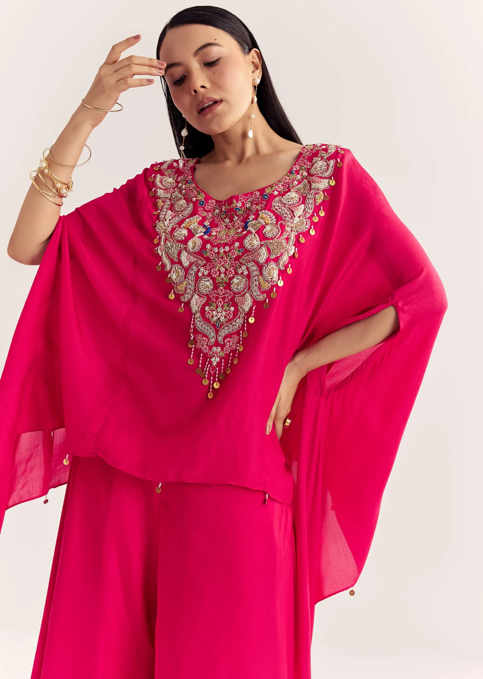 Pink Dola Silk Cape Kurta Set With Embroidery