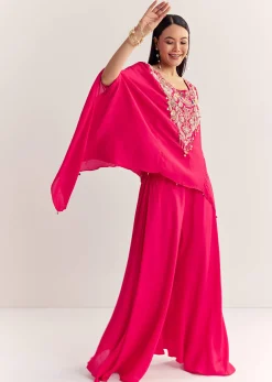 Pink Dola Silk Cape Kurta Set With Embroidery