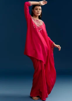 Pink Dola Silk Crop Top Skirt Set With Zardosi Work
