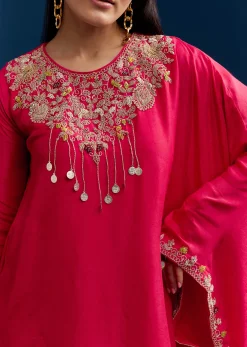 Pink Dola Silk Crop Top Skirt Set With Zardosi Work