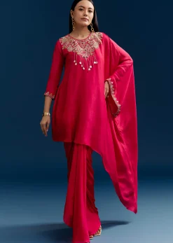 Pink Dola Silk Crop Top Skirt Set With Zardosi Work