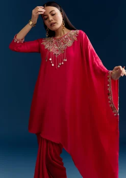 Pink Dola Silk Crop Top Skirt Set With Zardosi Work