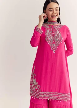 Pink Dola Silk Kurta Set With Zardosi And Choker Dupatta