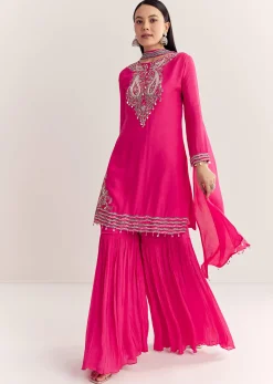 Pink Dola Silk Kurta Set With Zardosi And Choker Dupatta