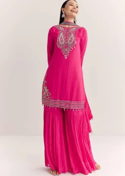 Pink Dola Silk Kurta Set With Zardosi And Choker Dupatta