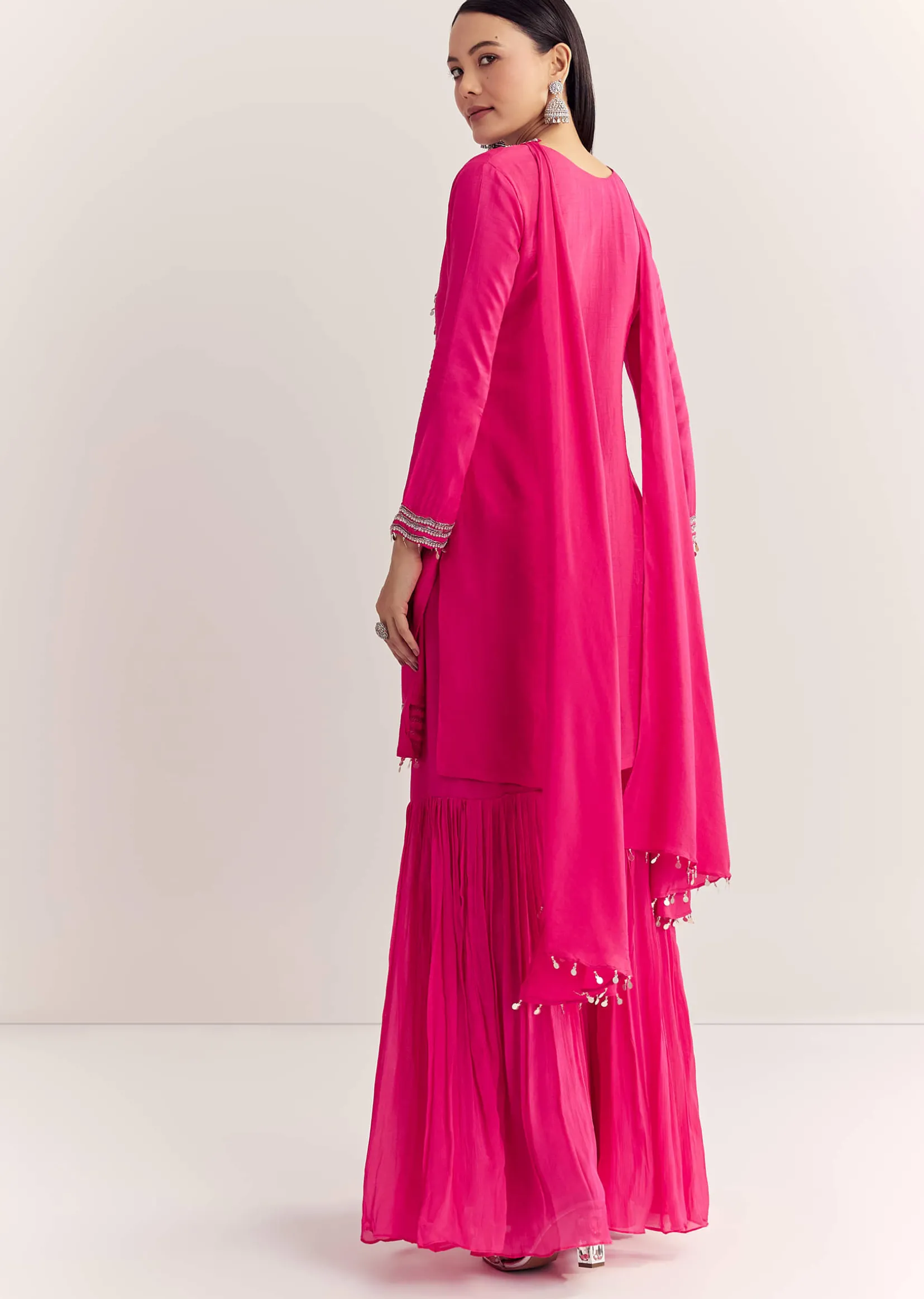 Pink Dola Silk Kurta Set With Zardosi And Choker Dupatta