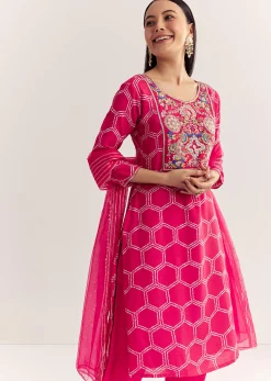 Pink Dola Silk Printed Kurta Dupatta Set With Embroidered Neckline