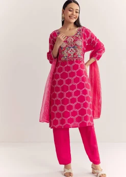Pink Dola Silk Printed Kurta Dupatta Set With Embroidered Neckline