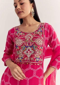 Pink Dola Silk Printed Kurta Dupatta Set With Embroidered Neckline