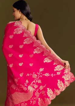 Pink Dola Silk Saree With Zari Border And All Over Booti
