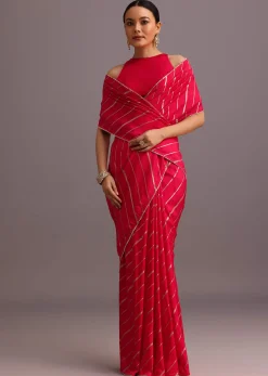 Pink Dola Silk Woven Saree And Gota Patti Border With Unstitched Blouse