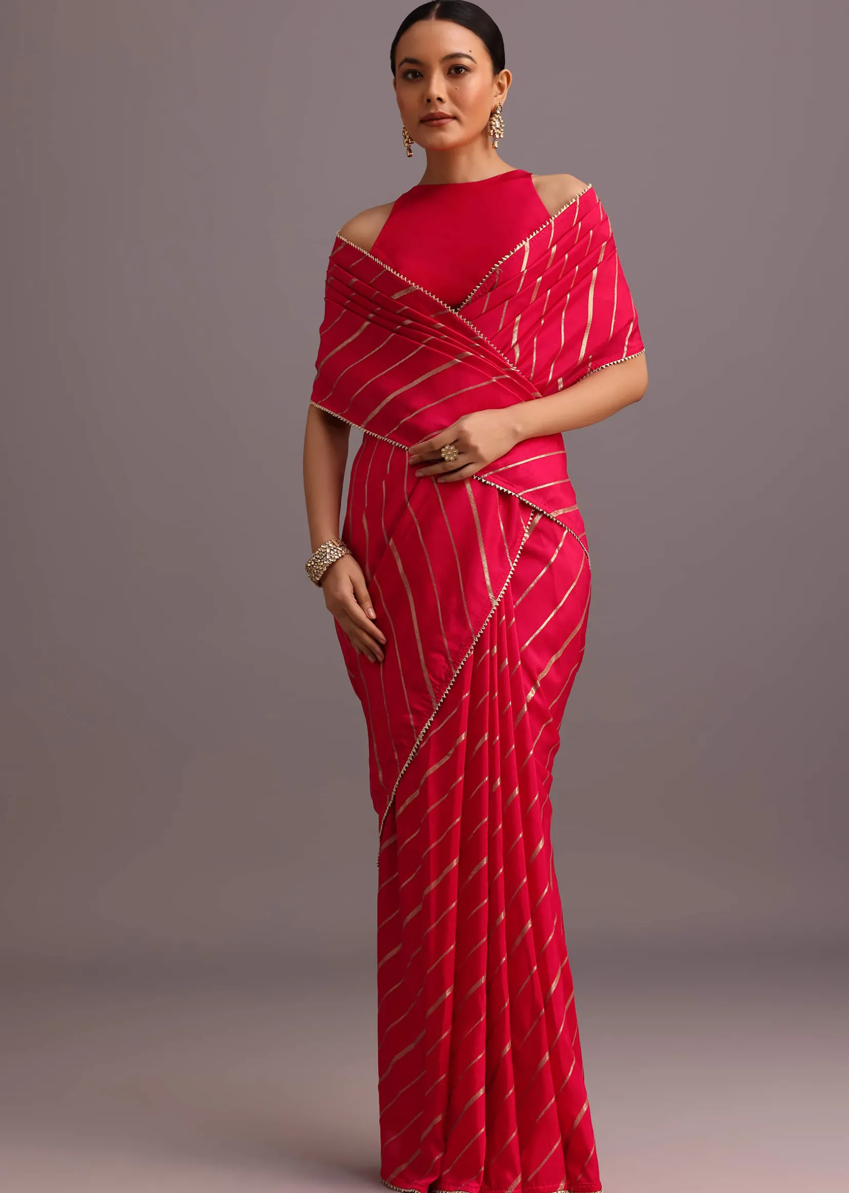 Pink Dola Silk Woven Saree And Gota Patti Border With Unstitched Blouse