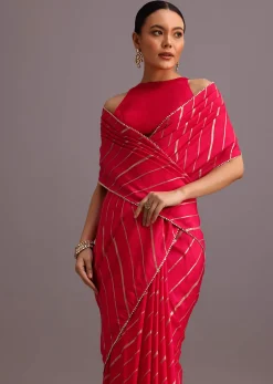 Pink Dola Silk Woven Saree And Gota Patti Border With Unstitched Blouse