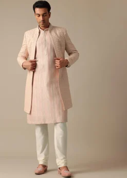 Pink Dupion Silk Embroidered Sherwani Set