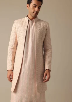 Pink Dupion Silk Embroidered Sherwani Set