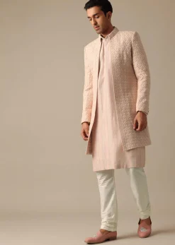 Pink Dupion Silk Embroidered Sherwani Set