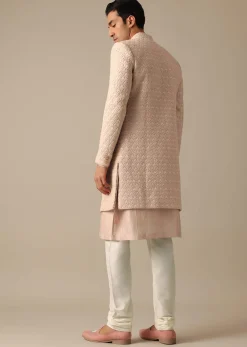 Pink Dupion Silk Embroidered Sherwani Set