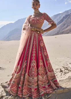 Pink Embroidered Bridal Lehenga With Two Dupattas