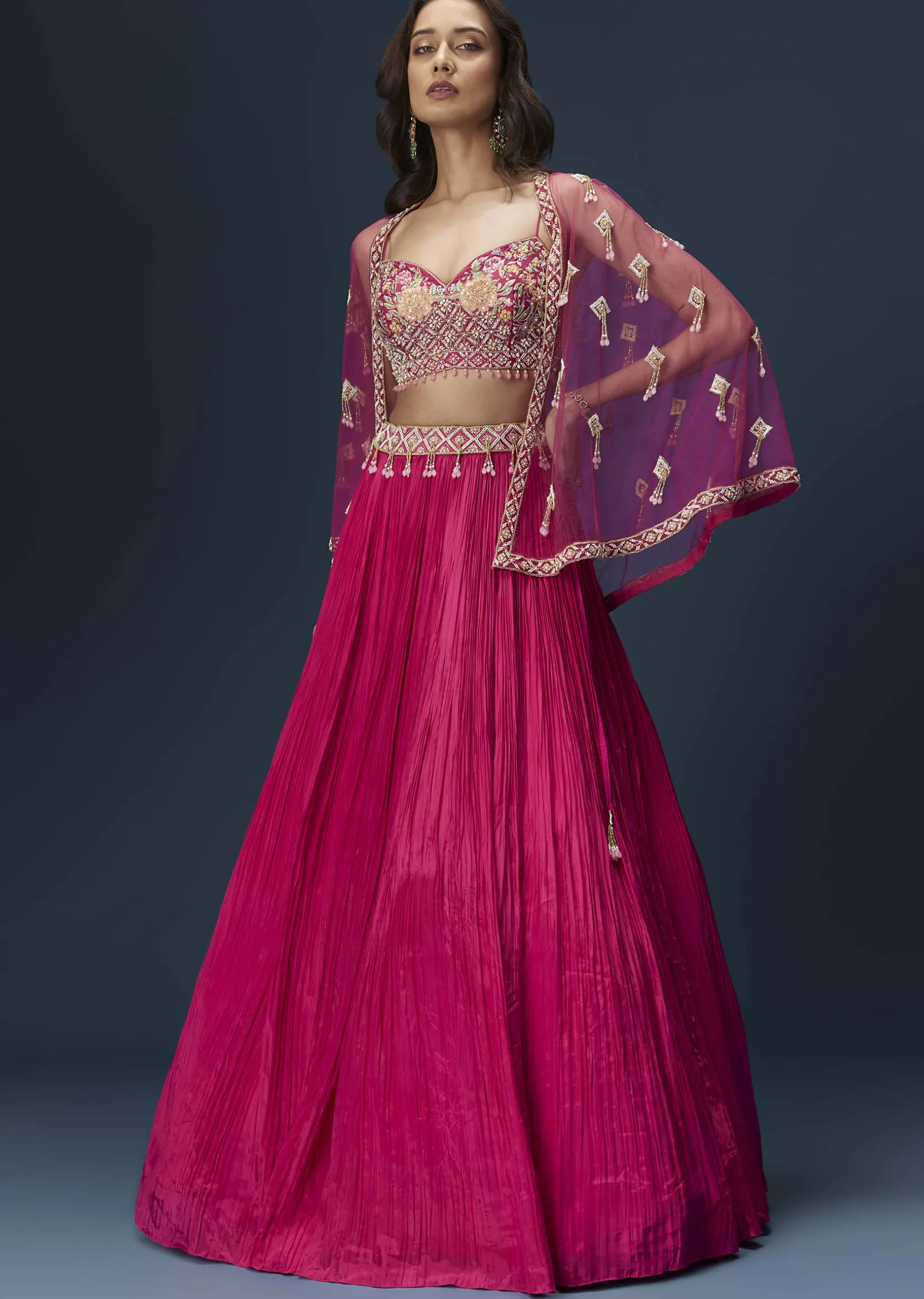 Pink Embroidered Bridesmaid Lehenga With Coordinated Cape And Blouse
