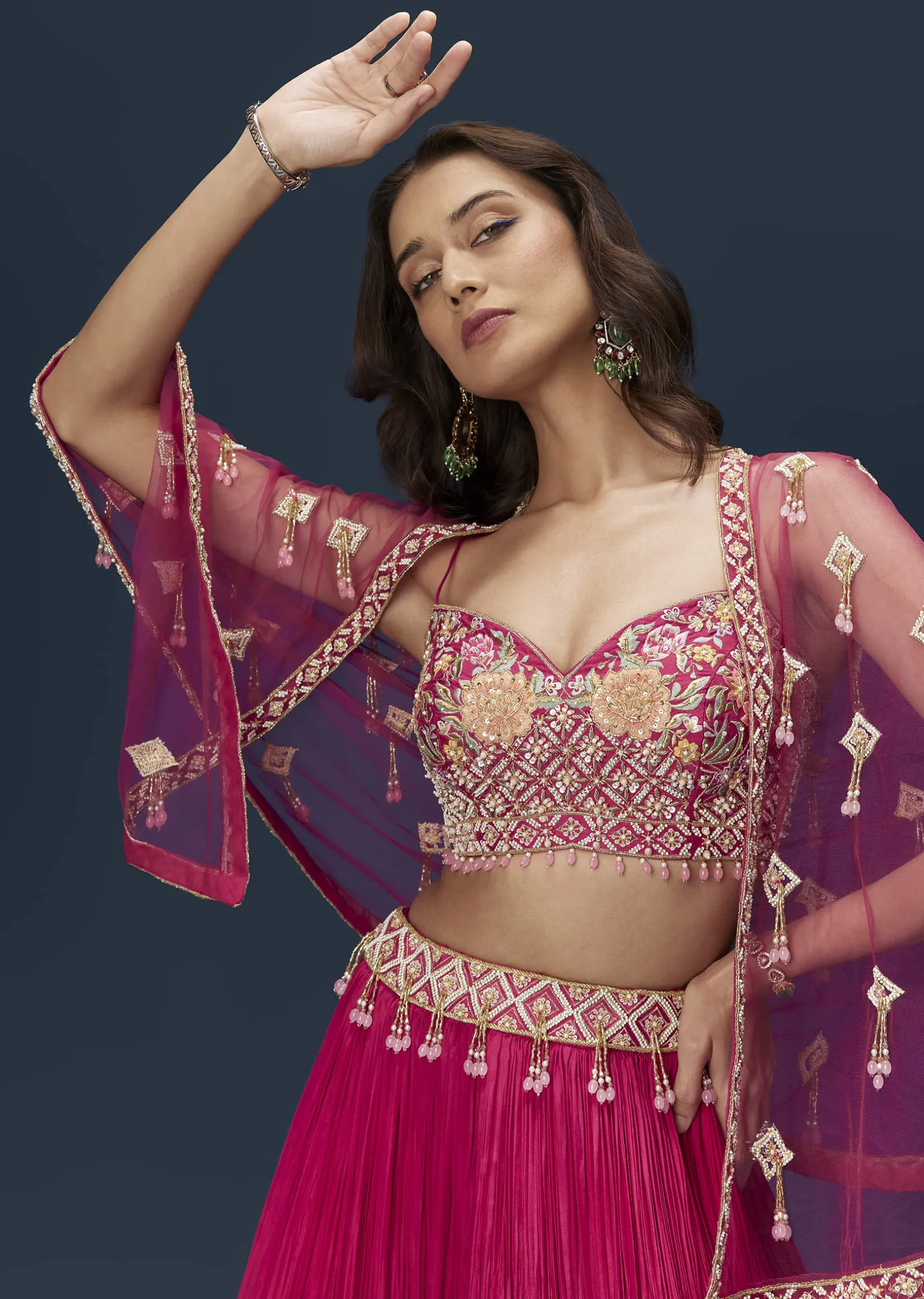 Pink Embroidered Bridesmaid Lehenga With Coordinated Cape And Blouse