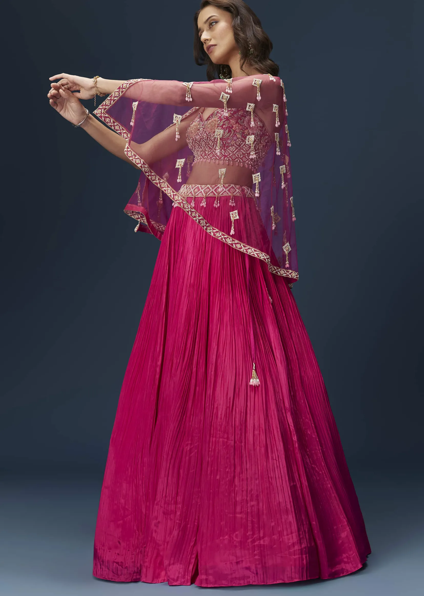 Pink Embroidered Bridesmaid Lehenga With Coordinated Cape And Blouse