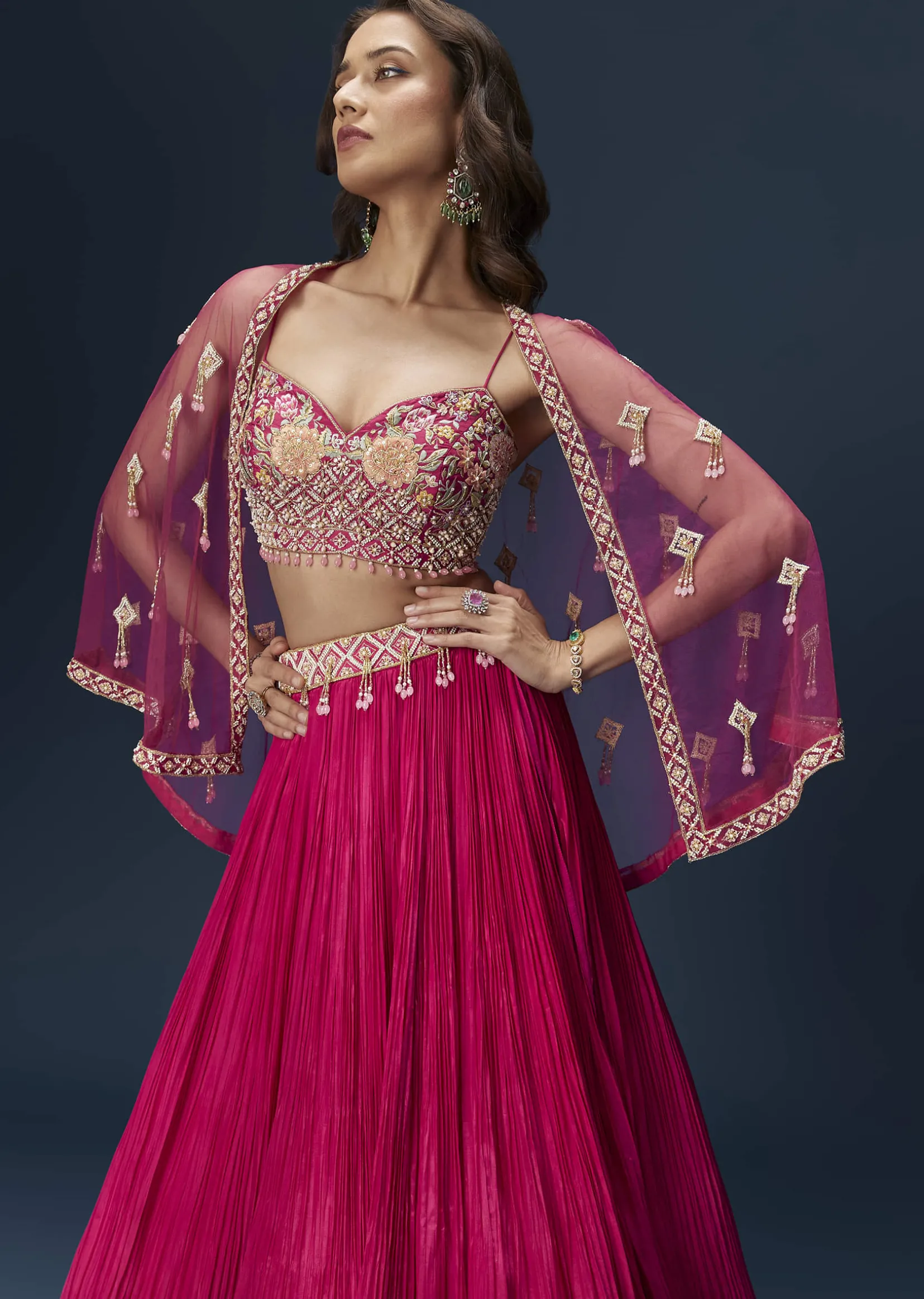 Pink Embroidered Bridesmaid Lehenga With Coordinated Cape And Blouse