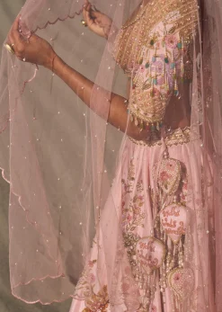 Pink Embroidered Butti Work Bridal Lehenga With Two Dupattas