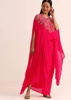 Pink Embroidered Chiffon Skirt And Cape