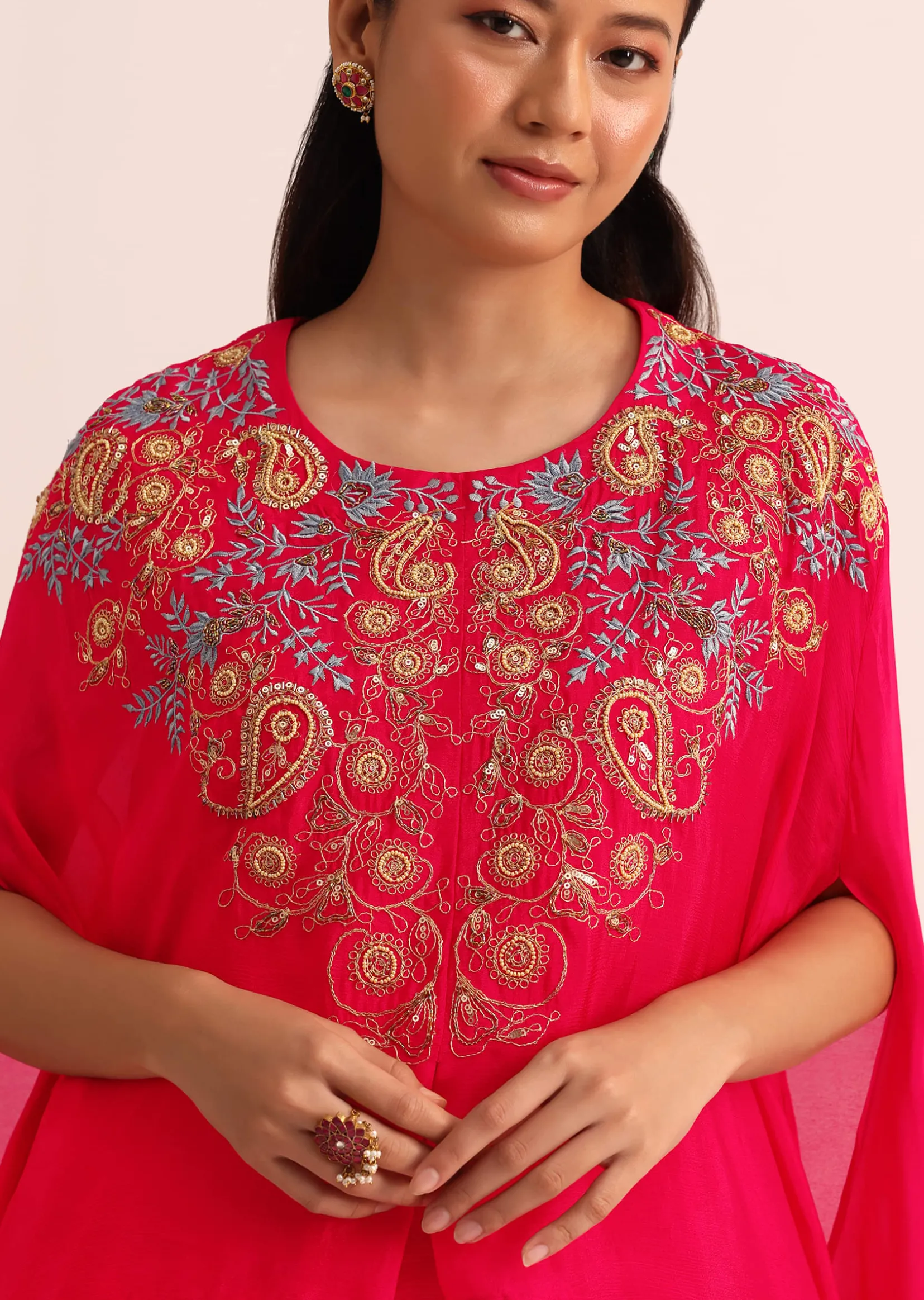 Pink Embroidered Chiffon Skirt And Cape