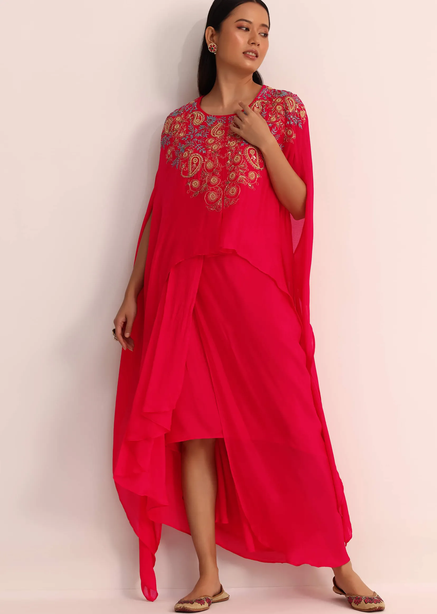 Pink Embroidered Chiffon Skirt And Cape