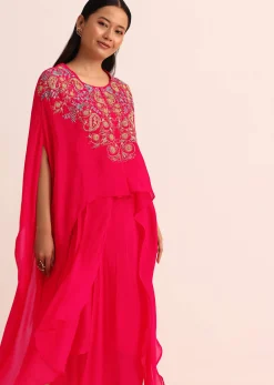 Pink Embroidered Chiffon Skirt And Cape