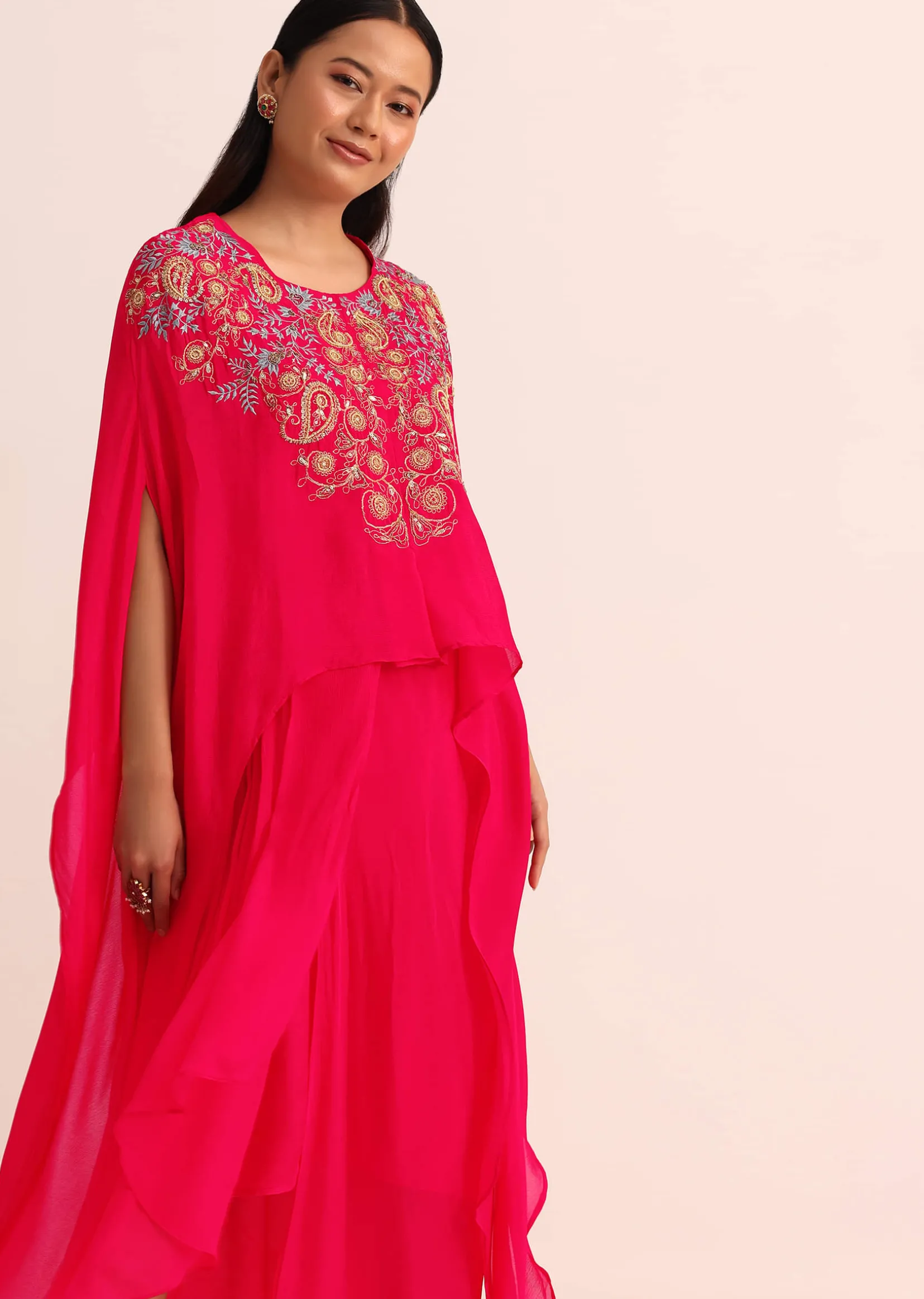 Pink Embroidered Chiffon Skirt And Cape