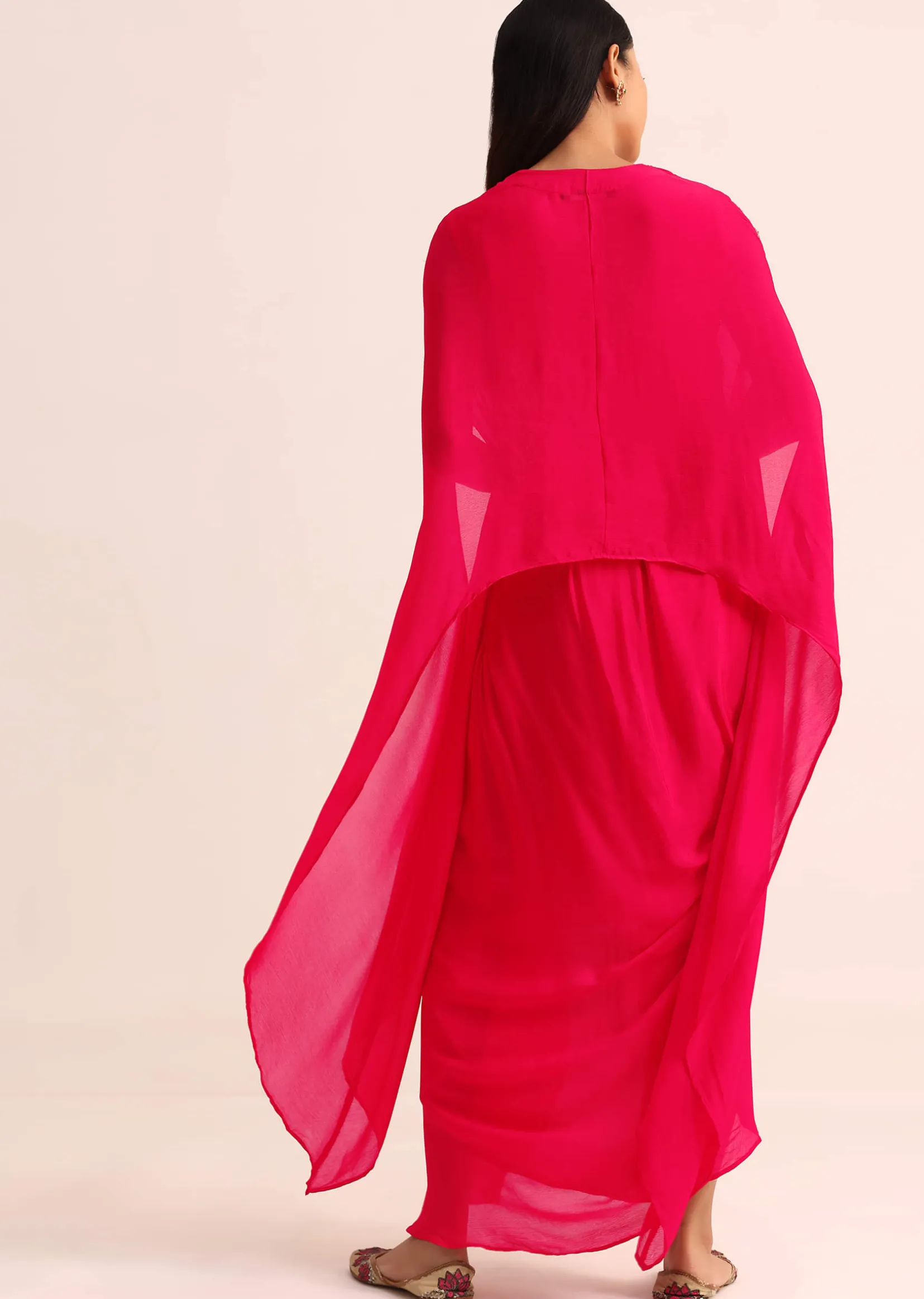 Pink Embroidered Chiffon Skirt And Cape