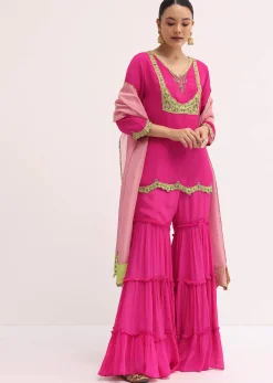 Pink Embroidered Chiffon Kurta Sharara Set