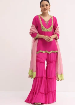 Pink Embroidered Chiffon Kurta Sharara Set