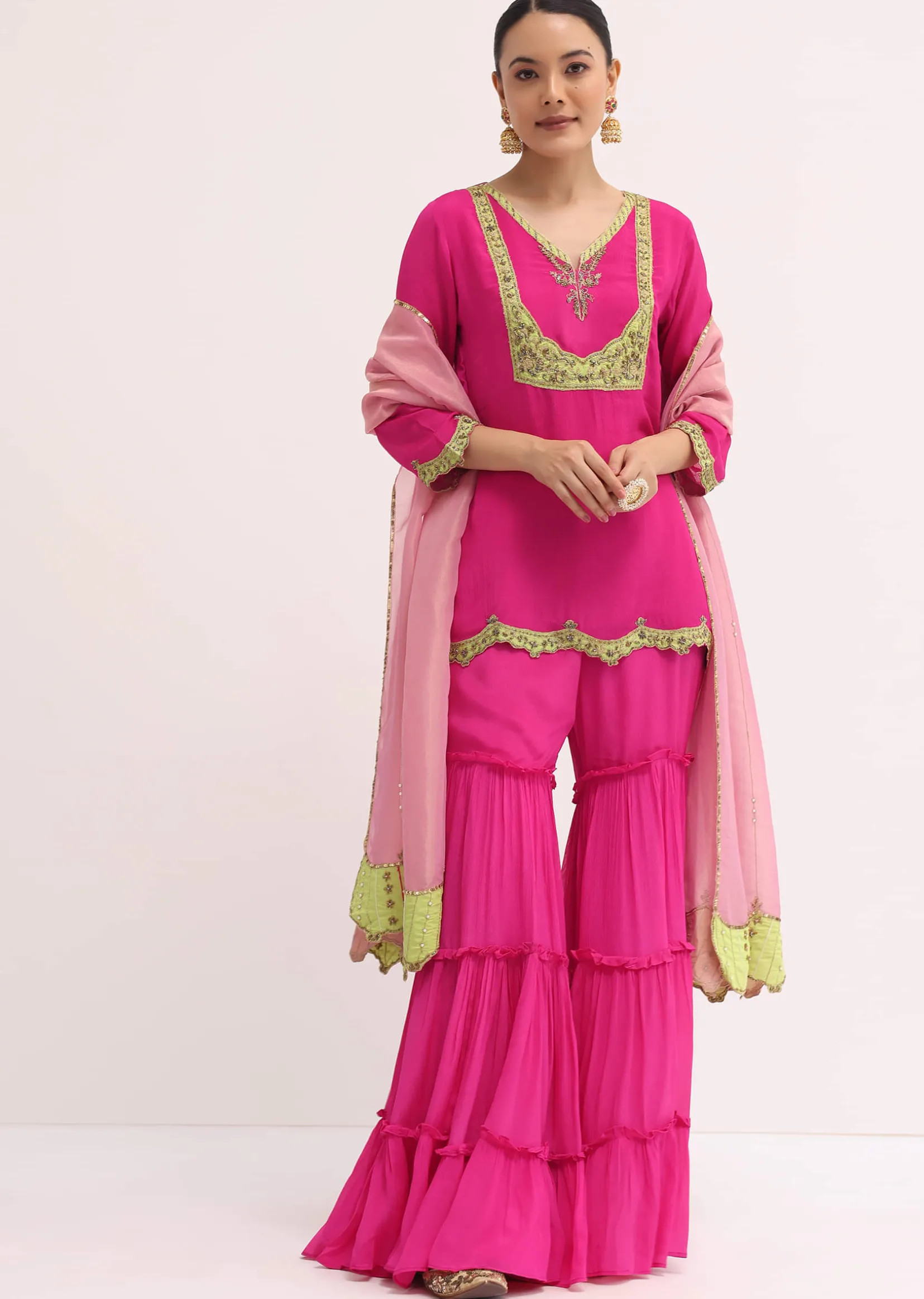 Pink Embroidered Chiffon Kurta Sharara Set
