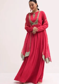 Pink Embroidered Chiffon Anarkali With Tissue Dupatta